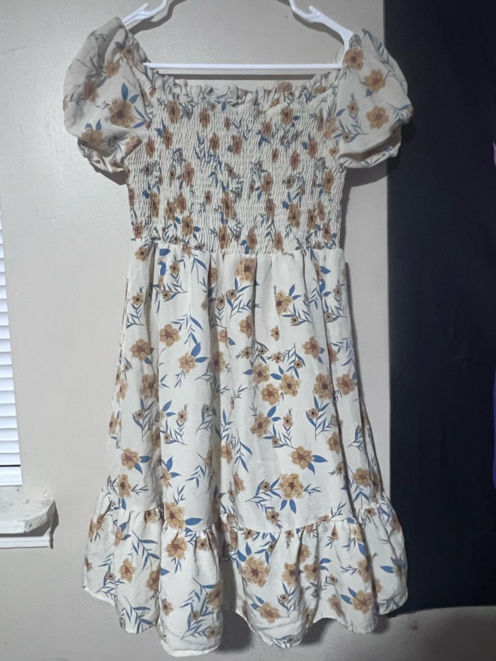 SHEIN White Floral Midi Dress with Blue and Tan Bouquet Print